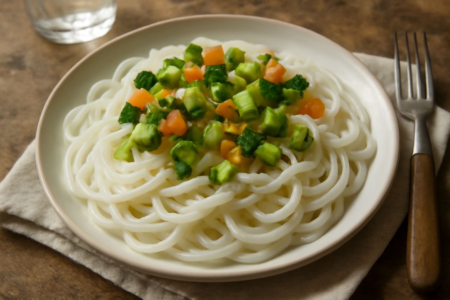 Piatto di pasta di riso bianca al dente, condita con broccoli verdi, aglio doro e olio: impiattamento semplice su piatto bianco, fuoco morbido sullo sfondo sfuocato della cucina