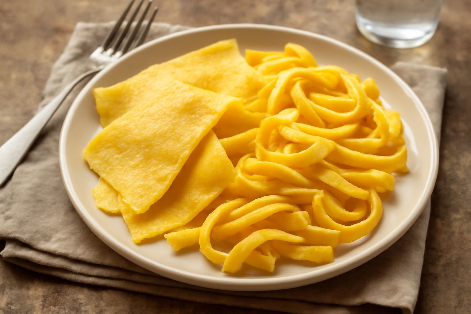 Paste di semola fresche color oro appena tagliate, adagiate su una spianatoia infarinata, con cristalli di semola ancora visibili sulla superficie e pieghe irregolari della pasta fatta a mano