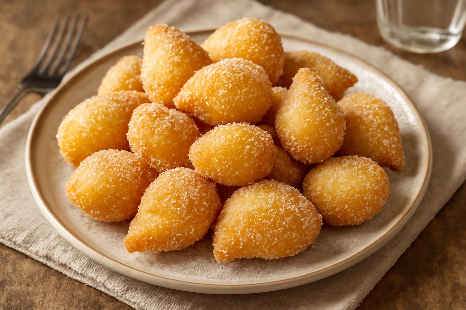 Paste di semola fritta disposte su piatto bianco, dorate e lucide, spolverizzate di zucchero semolato, con miele che drizza dalla sommità, fondo sfocato con tazza di caffè