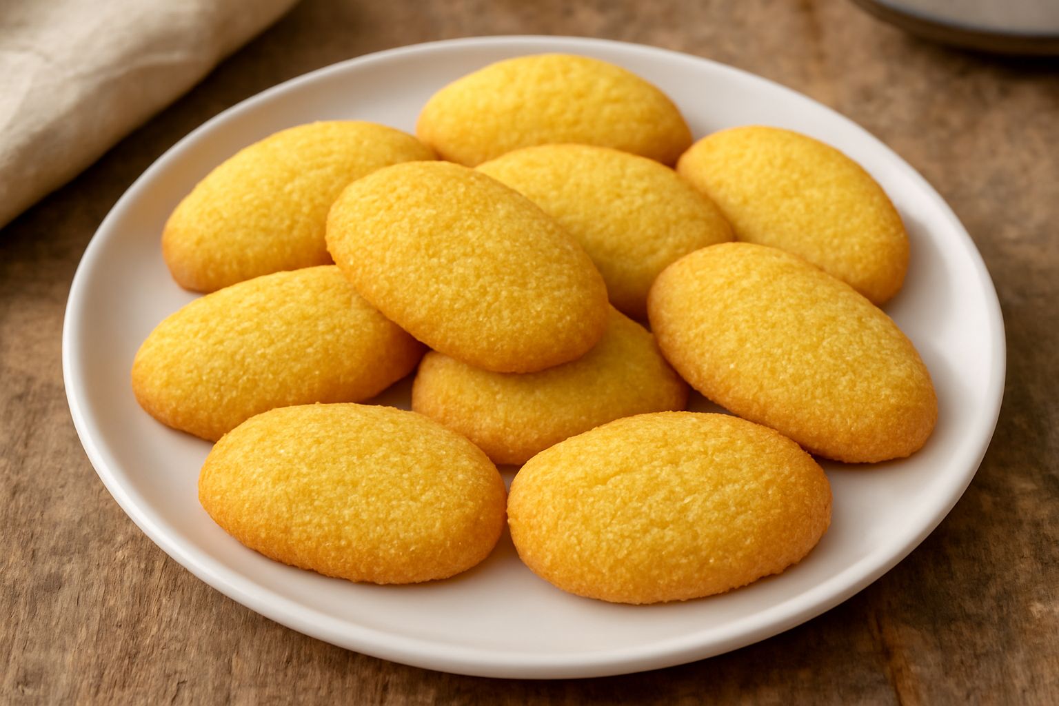 Paste di semolino di colore dorato disposti su un piatto bianco, dalla forma ovale schiacciata, con una superficie liscia e lievemente granulosa, sfondo neutro chiaro