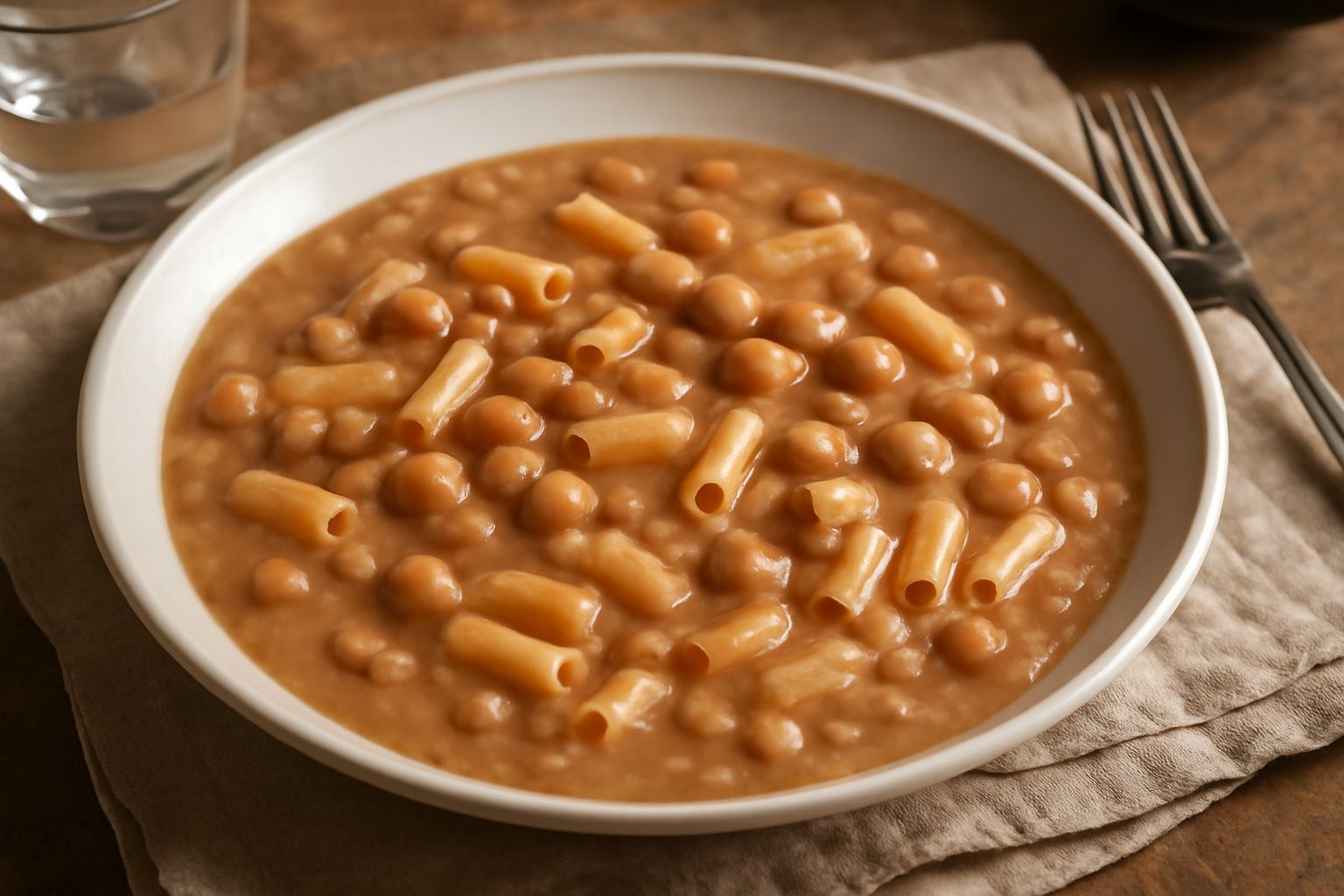Una ciotola di ceramica bianca con pasta e fagioli cremosa, fagioli rossi e bianchi visibili nel brodo denso, un filo di olio extravergine in superficie, pane tostato accanto