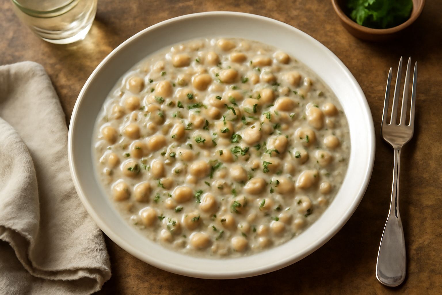 Ciotola di pasta e fagioli fredda con ditalini bianchi e fagioli cannellini cremosi in brodo, condita con olio verde, sedano finemente tagliato e prezzemolo fresco, servita in piatto bianco