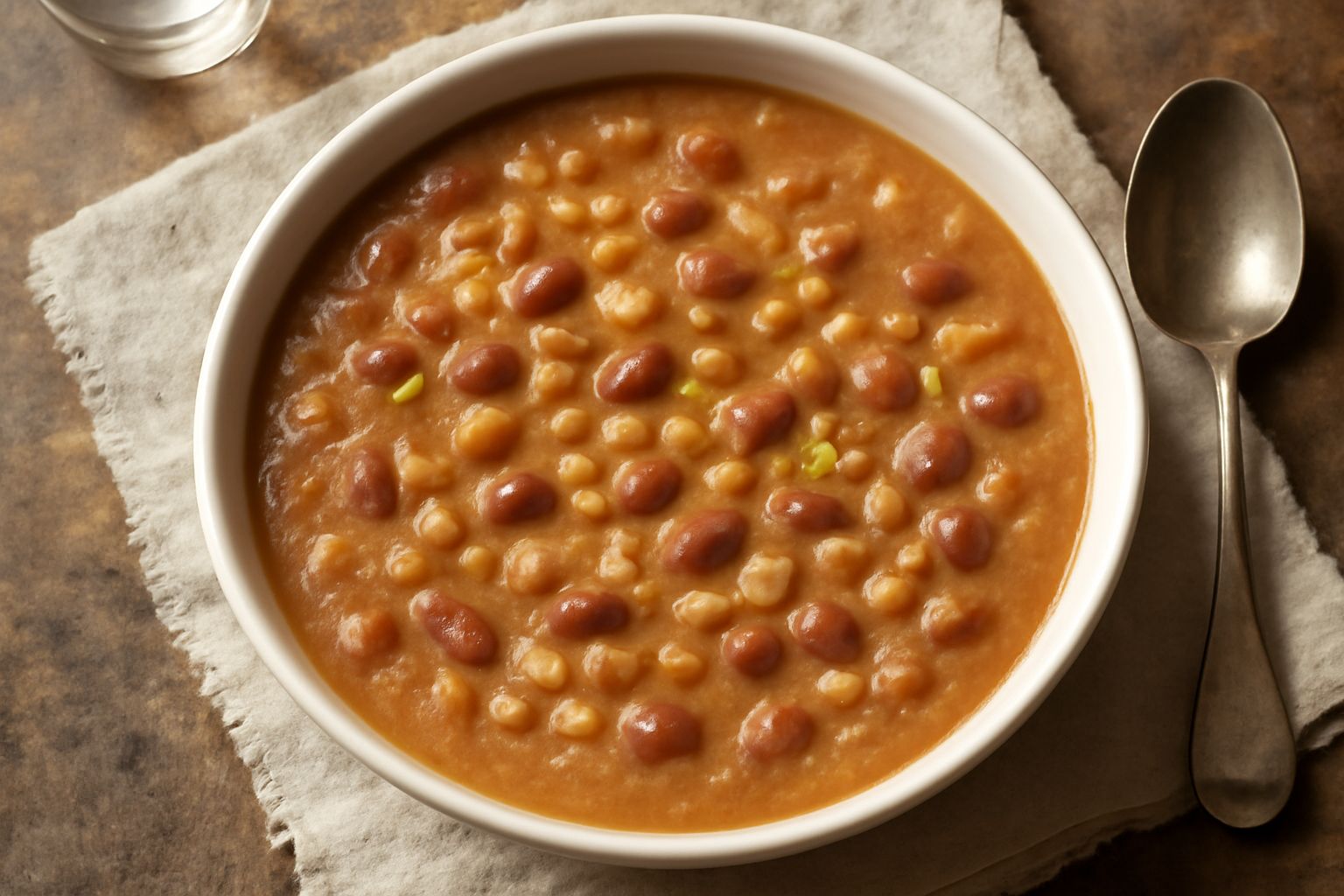 Ciotola di ceramica bianca con paste e fasioi, zuppa cremosa marrone con pezzetti di pasta corta, fagioli borlotti visibili in superficie, gocce di olio verde intorno ai bordi, pane tostato a lato