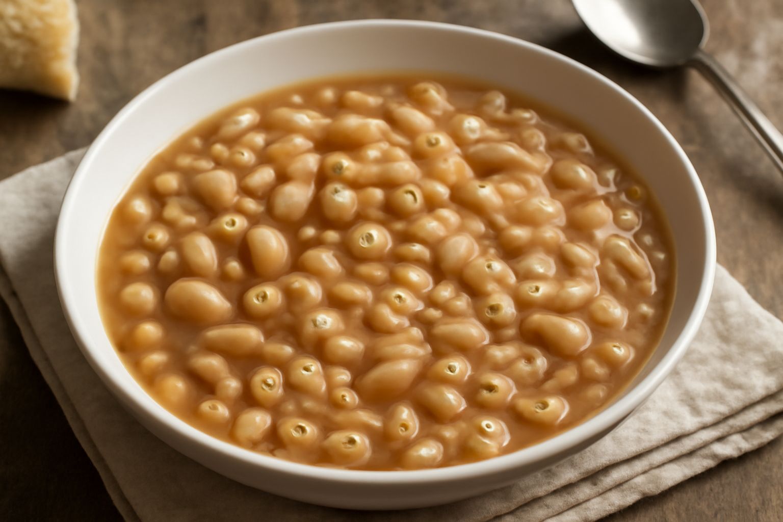 Ciotola di ceramica bianca con pasta e fagioli cremosa, pasta corta integrata ai fagioli cannellini bianchi, brodo denso color marrone chiaro, filo di olio d'oliva in superficie, prezzemolo fresco tri