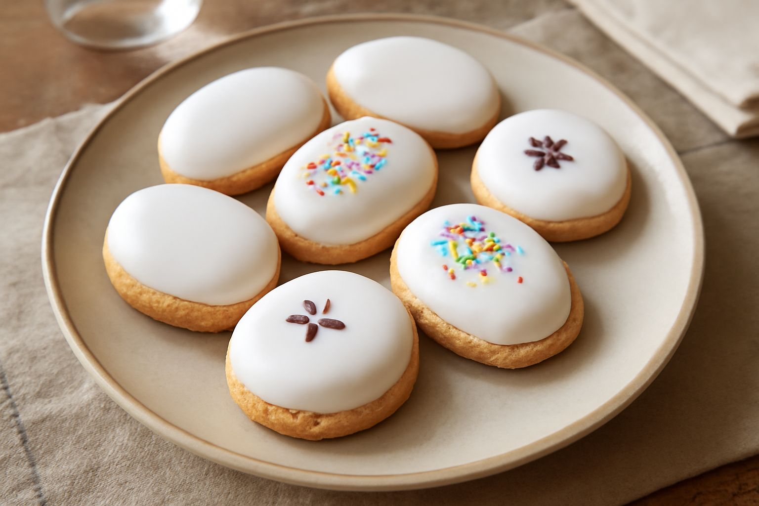 Paste glassate ovali e rotonde con glassa bianca lucida, alcune decorate con spruzzi colorati, disposte su un piatto di ceramica bianca su sfondo beige chiaro
