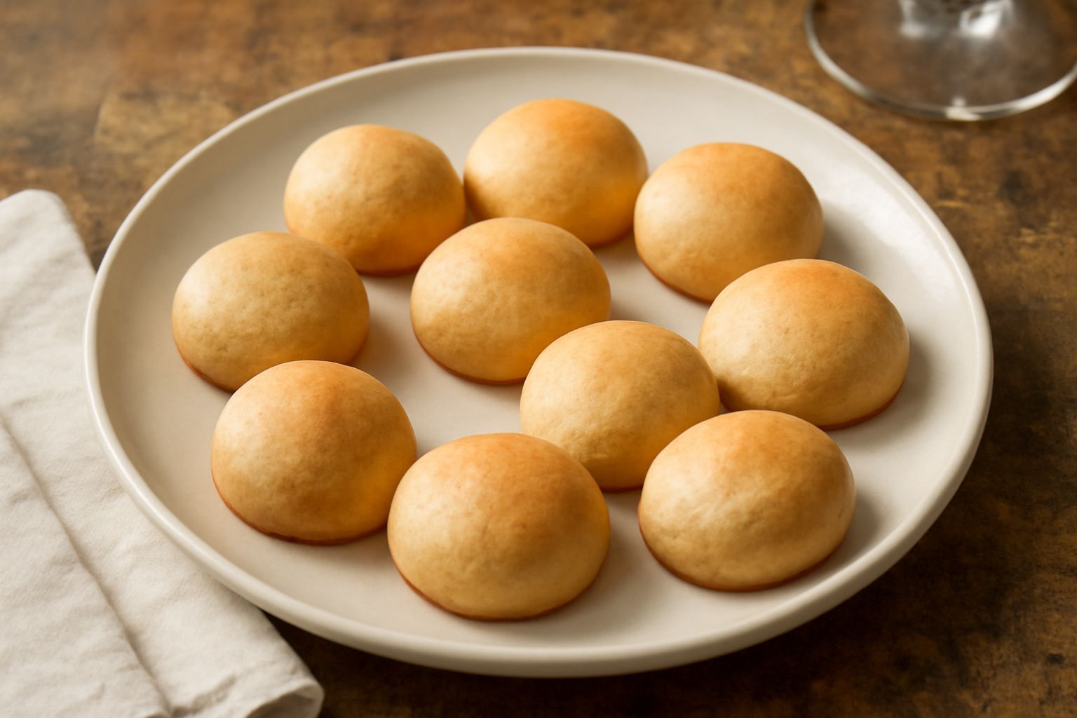 Paste reali dorate su piatto bianco, rotonde e leggermente irregolari, con spessore di due dita, superficie liscia e lievemente lucida, senza glassa, accanto a due mandorle sbucciate