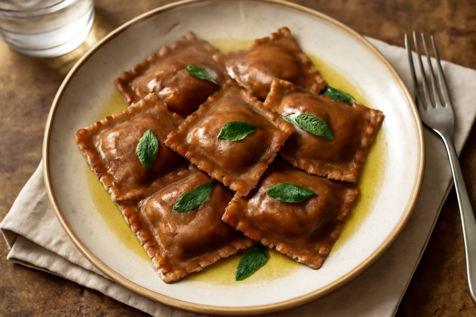Piatto bianco con ravioli quadrati pieni di brasato, coperti di burro fuso e salvia, spolverati di parmigiano grattugiato, contorno di brodo di carne tiepido in una tazza accanto