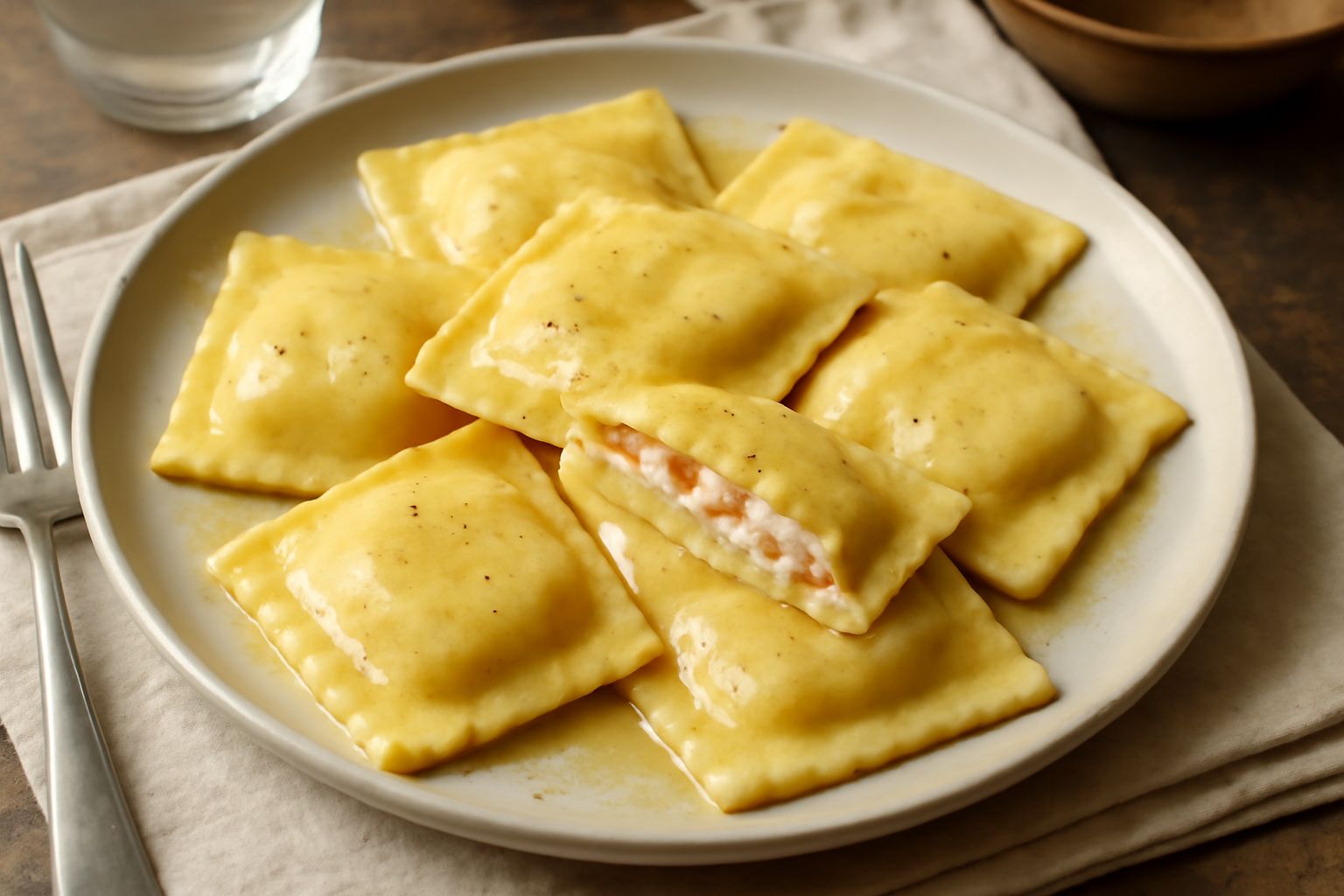 Paste ripiene di ricotta e ciccioli dorate e lisce servite nel piatto bianco, con ciccioli visibili nel ripieno cremoso, condite con olio d'oliva e pepe nero.