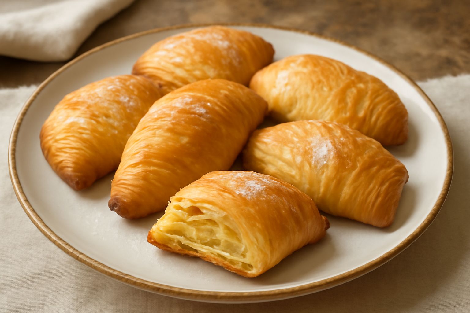 Paste sfoglia dorate appena sfornate su un piatto bianco, con strati visibili e croccanti, spolverata di zucchero a velo, vapore ancora caldo che sale dalla superficie