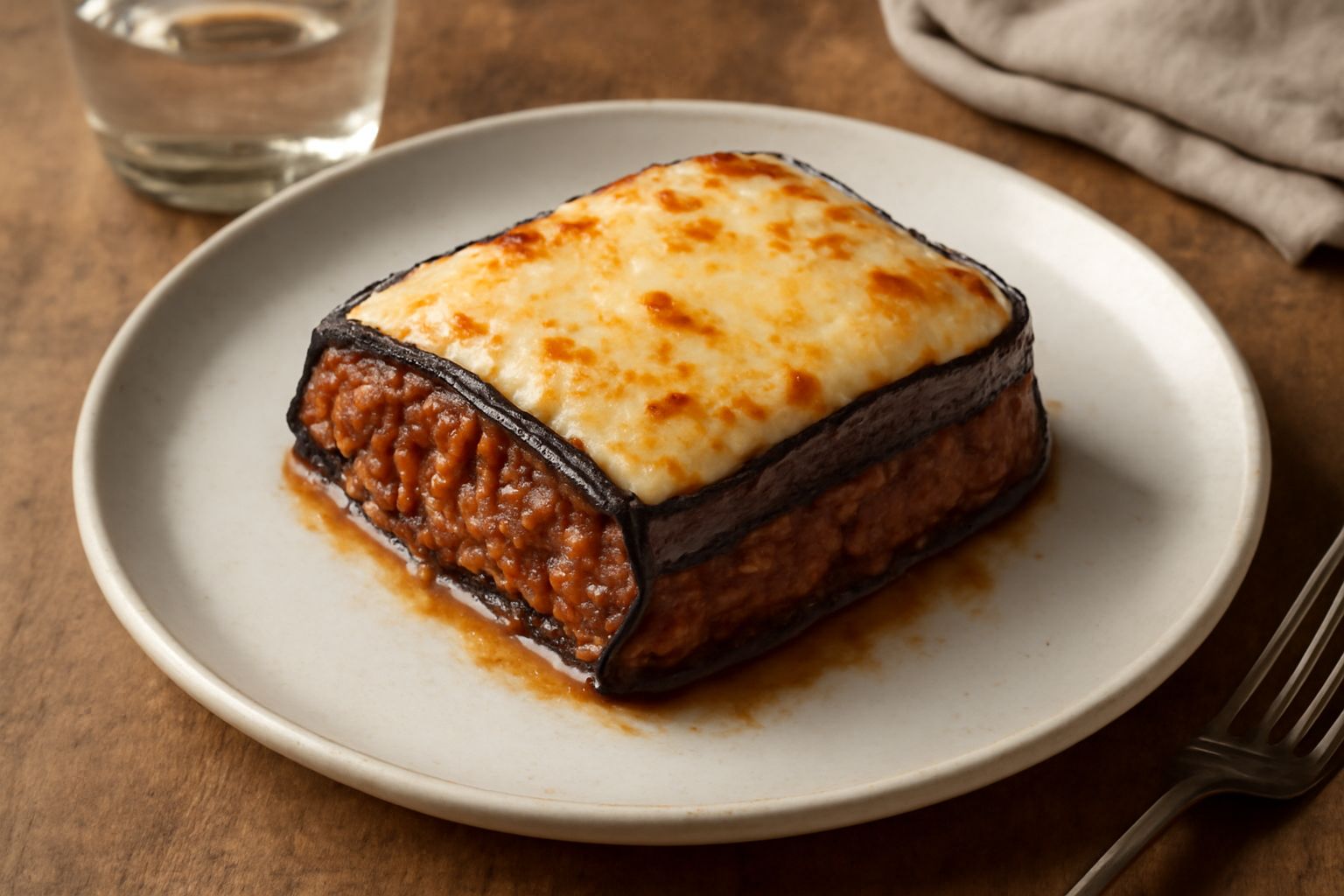 Pastel di melanzane affettato in porzione rettangolare, mostra strati di melanzane viola scuro grigiate, ragù rosso-marrone e formaggio fuso dorato in superficie, servito in piatto bianco con contorno