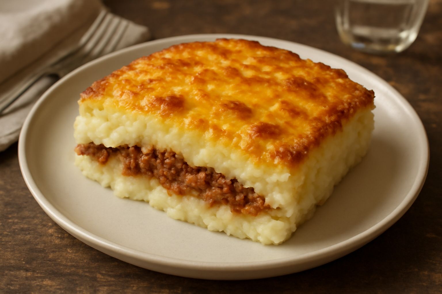 Pastel di patate dorato in una teglia rettangolare, con la superficie croccante in alto e consistenza cremosa visibile dal taglio, porzioni divise, piatto caldo appena uscito dal forno