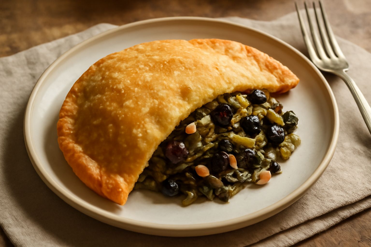 Pastel di scarola tagliato a metà su un piatto bianco, crosta dorata e croccante con visibile il ripieno verde di scarola e olive nere, contorno di insalata fresca