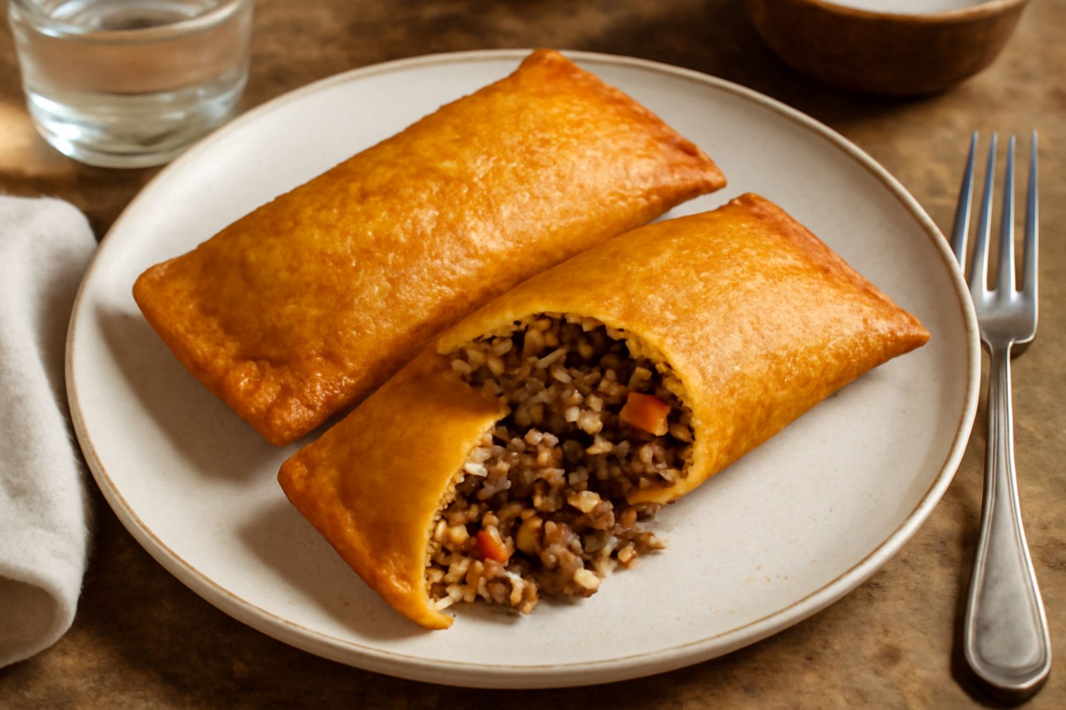 Pasteles dorati e croccanti, appena fritti, disposti su un piatto bianco con carta assorbente, con ripieno di carne visibile in una sezione tagliata, circondata da lime fresco e peperoncino rosso