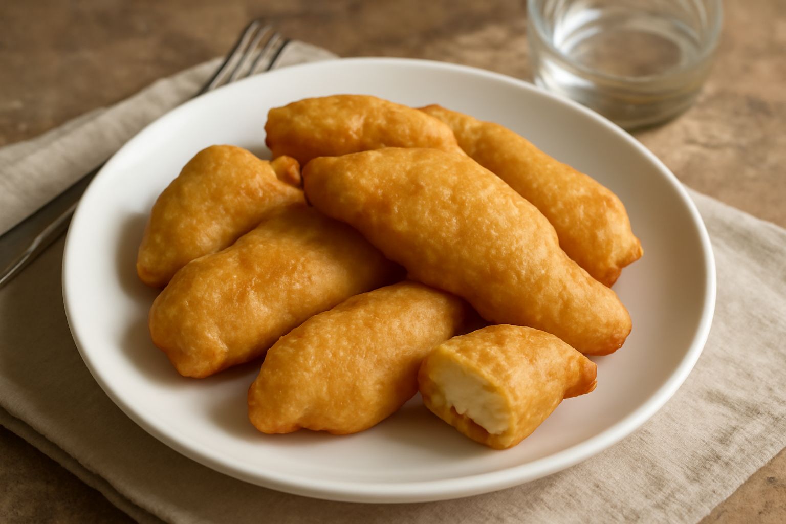 Bastoncini di melanzana e verdure fritte coperte da una pastella dorata, croccante e uniforme, appoggiate su carta assorbente bianca con alcune gocce di olio