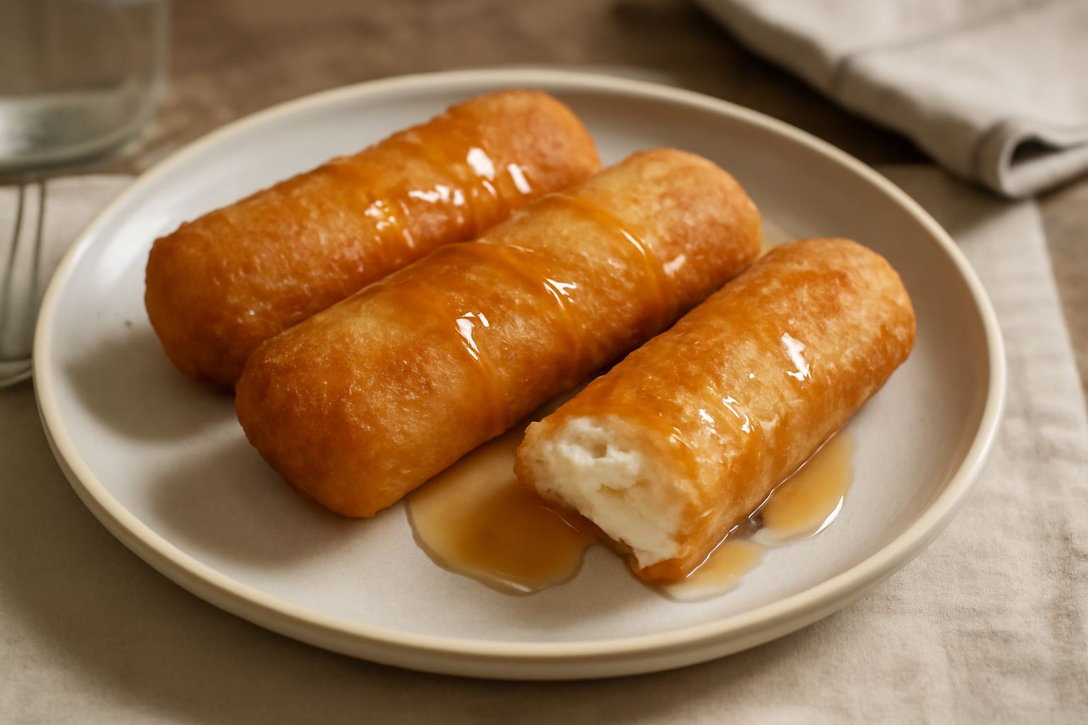 Pastellus dorati e croccanti su un piatto bianco, coperti di miele e decorati con granuli di zucchero, con una mandorla intera sopra alcuni pezzi