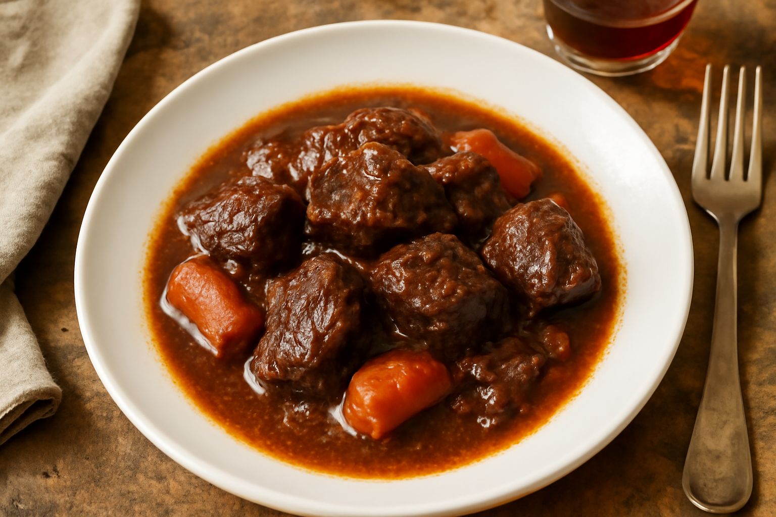 Pasticcada di cavallo in terracotta: pezzi di carne scura e tenera in sugo marrone scuro con verdure cotte, decorata con rosmarino fresco e pepe nero, servita in piatto fondo bianco
