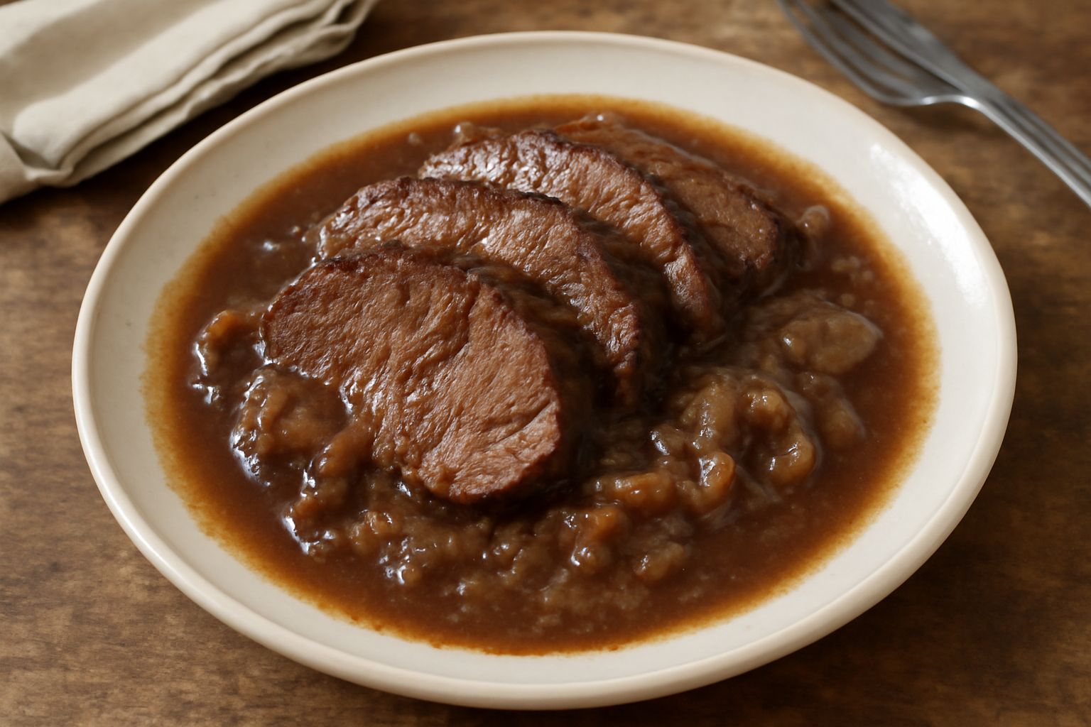 Pasticcada trevigiana in un piatto fondo bianco: fette di carne rosso scuro brasata, brodo marrone ricco e denso, cipolla morbida, con grani di polenta gialla nel piatto accanto