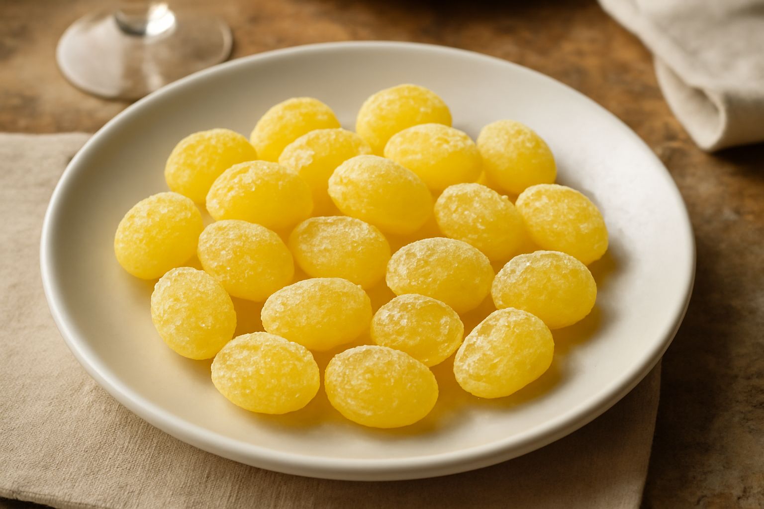 Pasticche di limone giallo brillante coperte di zucchero cristallizzato su un piattino bianco, alcune tagliate a metà mostrando la consistenza interna leggermente traslucida
