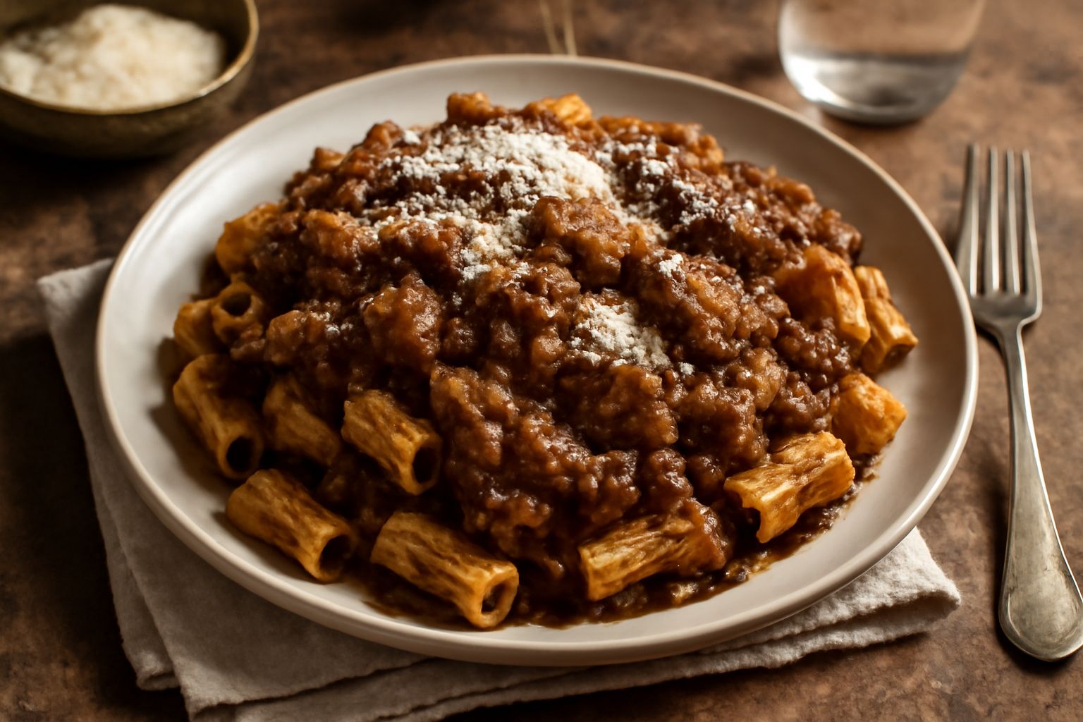Pasticciada leccese servita in un piatto fondo bianco, pasta corta ricoperta di ragù marrone scuro, formaggio grattugiato sulla superficie, vapore caldo visibile