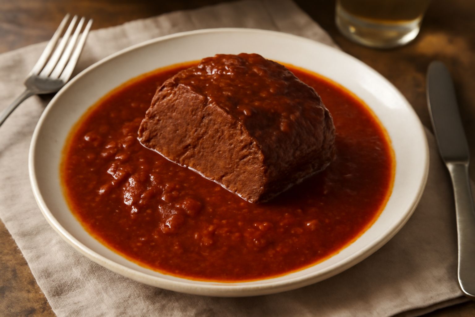 Brasato rosso scuro sulla superficie in un piatto bianco fondo, circondato dal suo brodo ristretto color marrone, contorno di verdure gialle e marroni sfatte, vapore caldo visibile