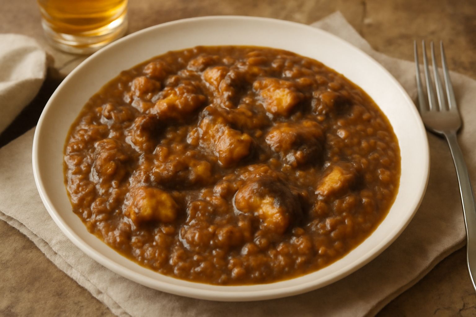 Pasticciata di anguilla servita in un piatto fondo bianco, con pezzi di anguilla visibili tra verdure brunastre, cipolla e sedano trito, bordo del piatto pulito e leggermente lucida dalla salsa