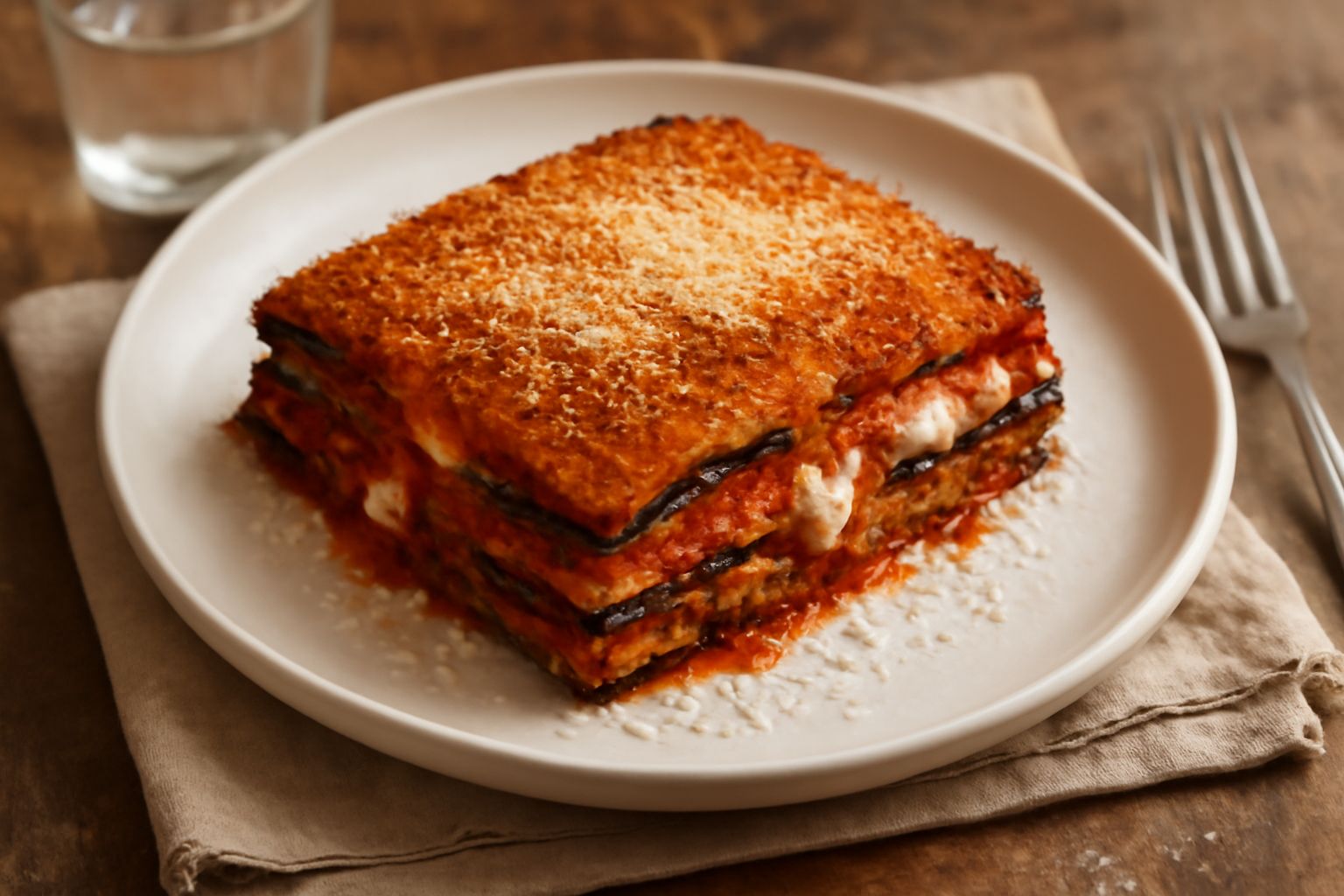 Pasticciata di melanzane tagliata in una porzione rettangolare su un piatto bianco, strati visibili di melanzane viola scuro, ragù rosso, mozzarella bianca filante e crosta gratinata dorata
