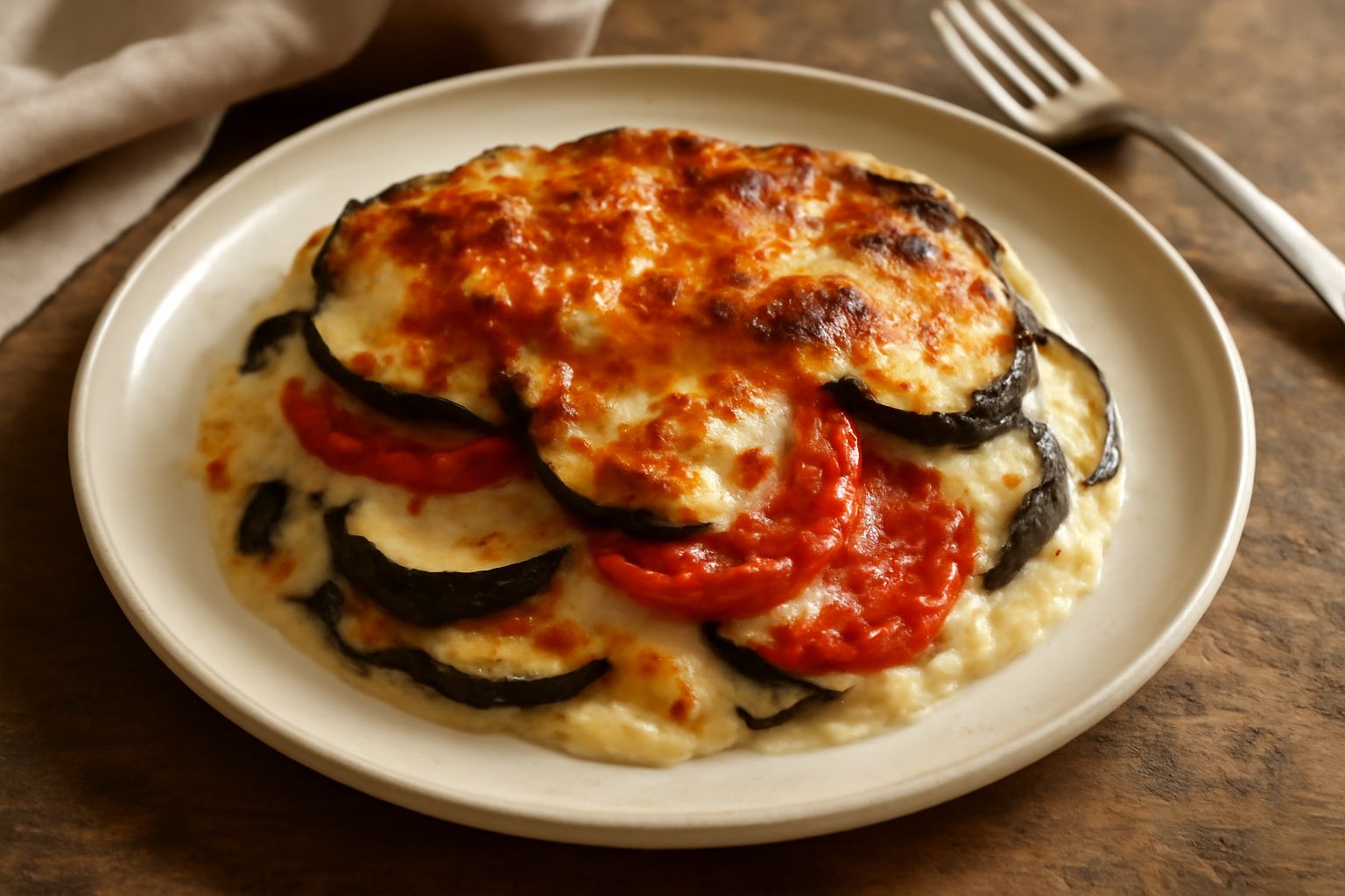 Pasticciata di verdure appena sfornata in pirofila, superficie dorata e gratinata, visibili gli strati di melanzane, zucchine e pomodori rossi, bordi caramellati, porzionata con forchetta