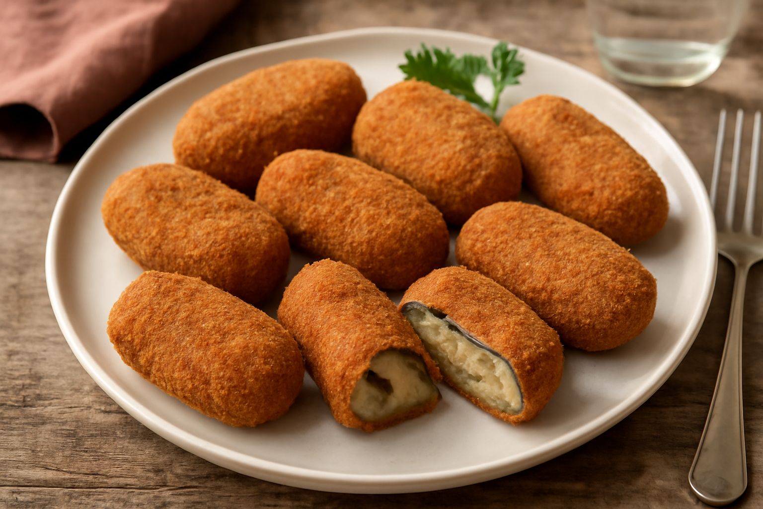 Pasticcini di melanzane fritti, dorati e croccanti, disposti su un piatto bianco con una spruzzata di sale grosso, fette di melanzana grigia-viola visibili all'interno della panatura croccante