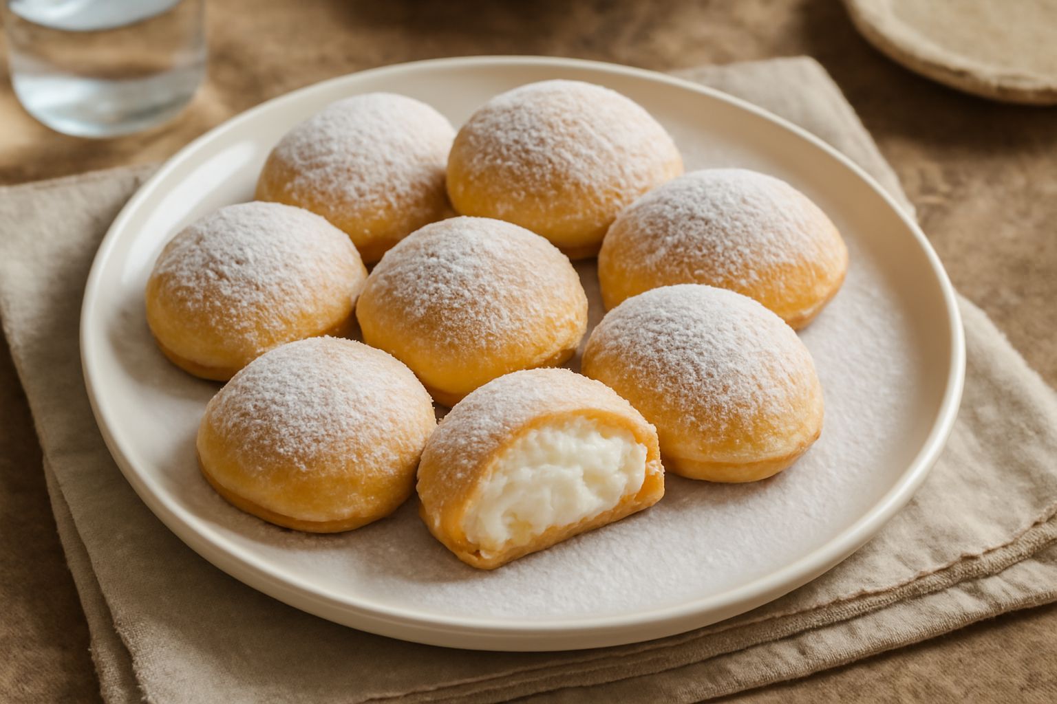 Sei pasticcini di ricotta dorati e gonfi disposti su un piatto bianco, coperti leggermente da zucchero a velo, con sfoglia leggermente croccante visibile ai lati