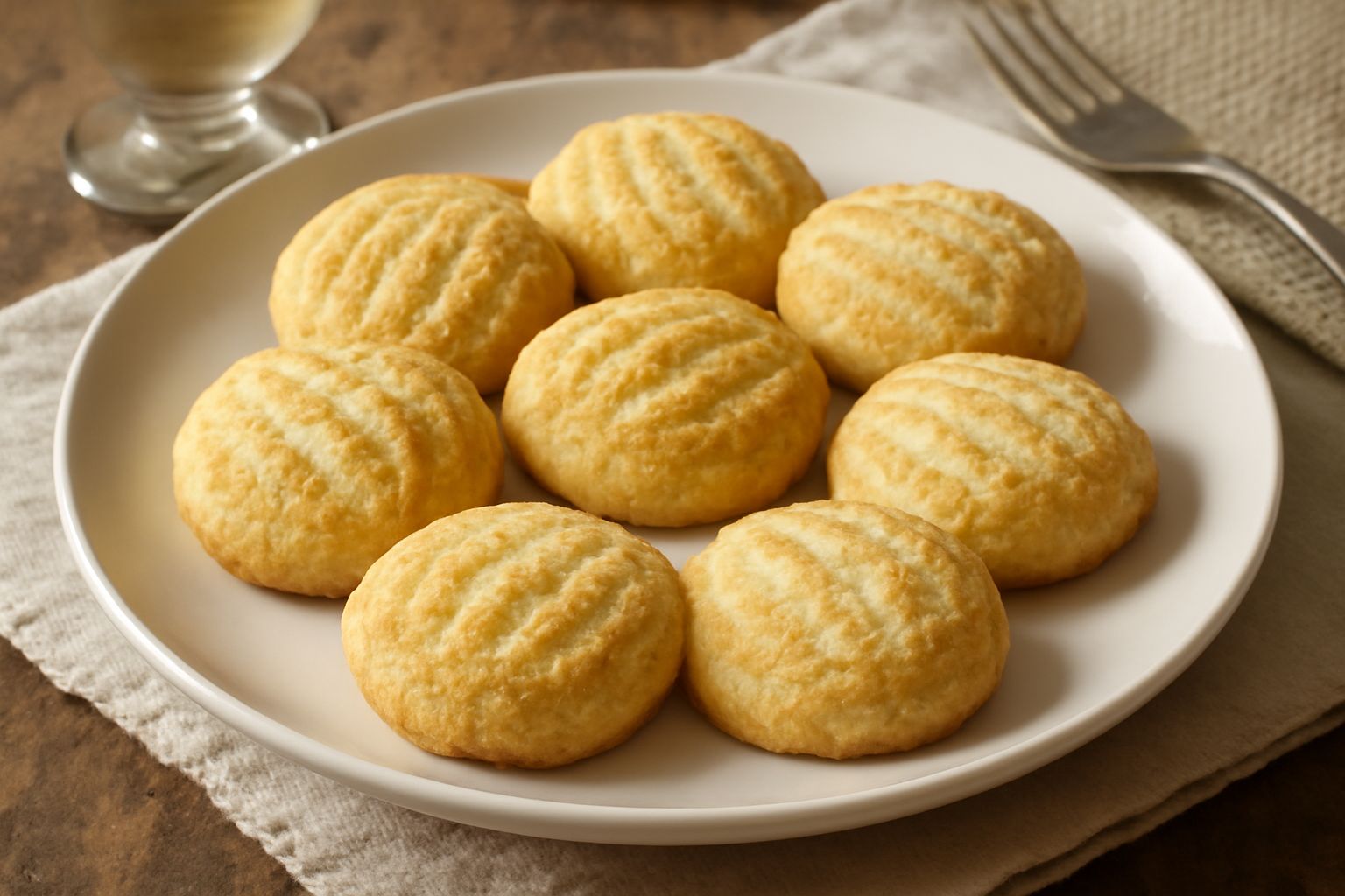 Pasticcini di semola dorati e croccanti disposti su un piatto bianco, dalla forma tonda leggermente bombata, con superficie ondulata caratteristica, accanto a una tazza di caffè