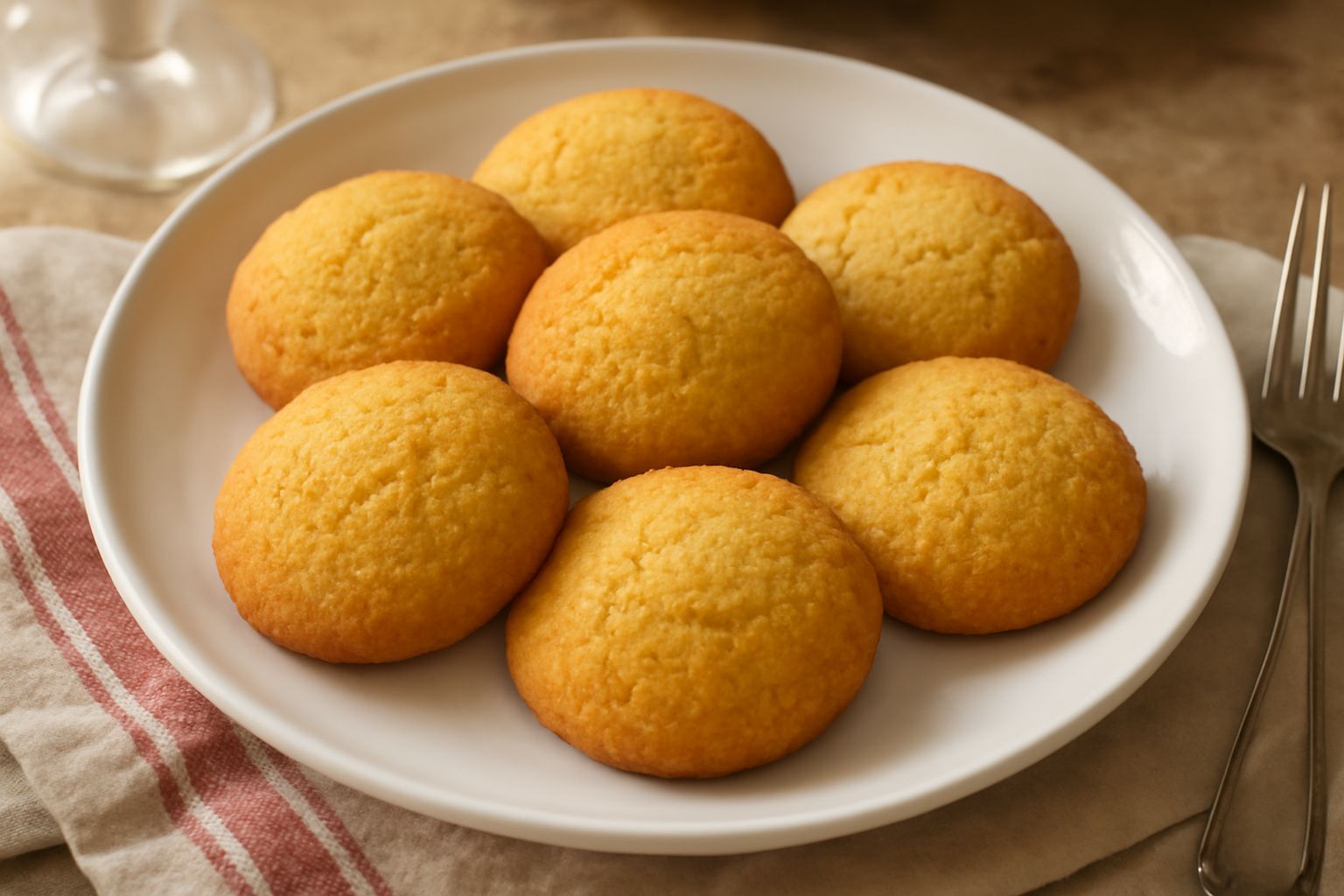Pasticcini di semolino dorati su un piatto bianco, circa una ventina di pezzi tondi e leggermente convessi, con superficie friabile e leggermente screpolata, accompagnati da una tazza di caffè sfocata