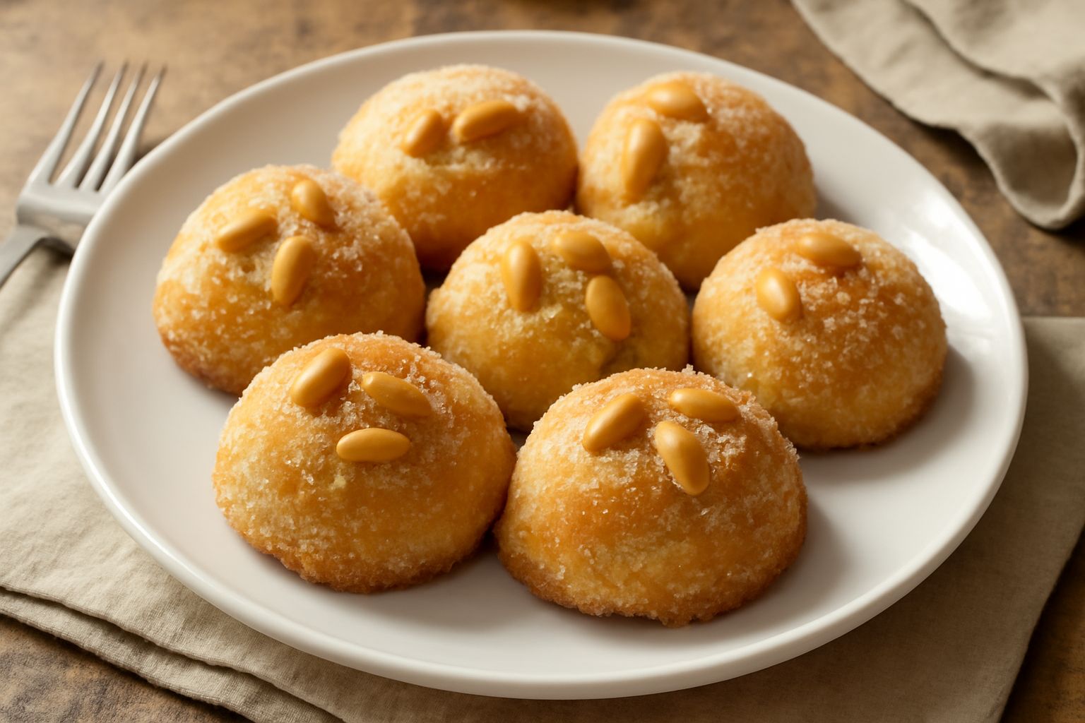 Una dozzina di pasticcini genovesi dorati e croccanti disposti su piatto bianco, ricoperti di zucchero semolato, con pinoli visibili sulla superficie e una tazza di caffè di lato