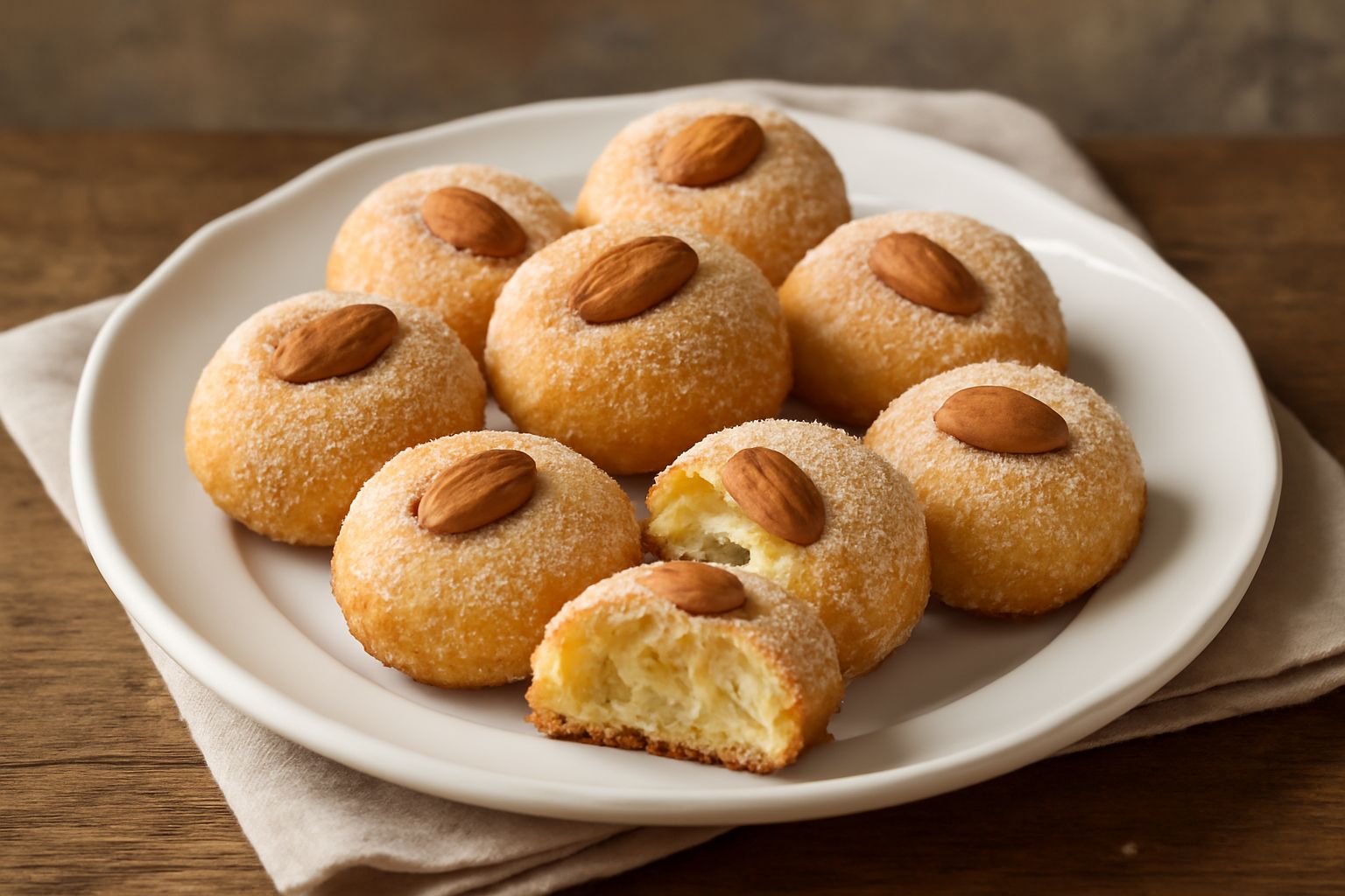 Pasticcini mantovani dorati e rotondi disposti su un piatto di ceramica bianca, ricoperti di zucchero semolato, con guarnizione di mandorla intera al centro, fondo sfuocato di cucina naturale