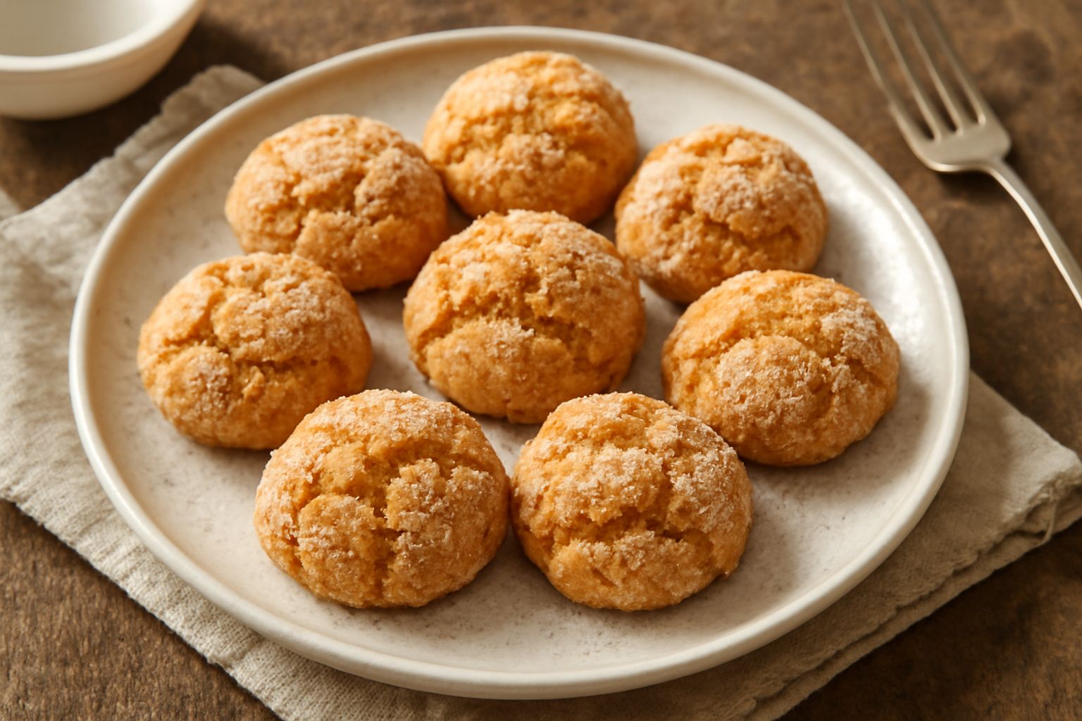 Circa quindici amaretti sardi disposti su un piatto bianco, con superficie dorata e screpolata, forma leggermente irregolare e tonda, guardati da vicino si vede la texture croccante delle mandorle.