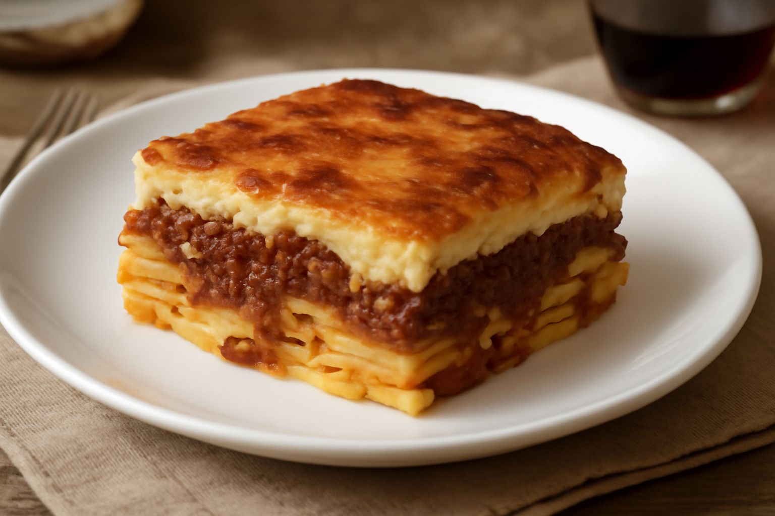 Pasticcio cosentino appena sfornato in pirofila bianca, superficie dorata e croccante con formaggio filante, rettangoli di pasta visibili al taglio, ragù rosso scuro fra gli strati