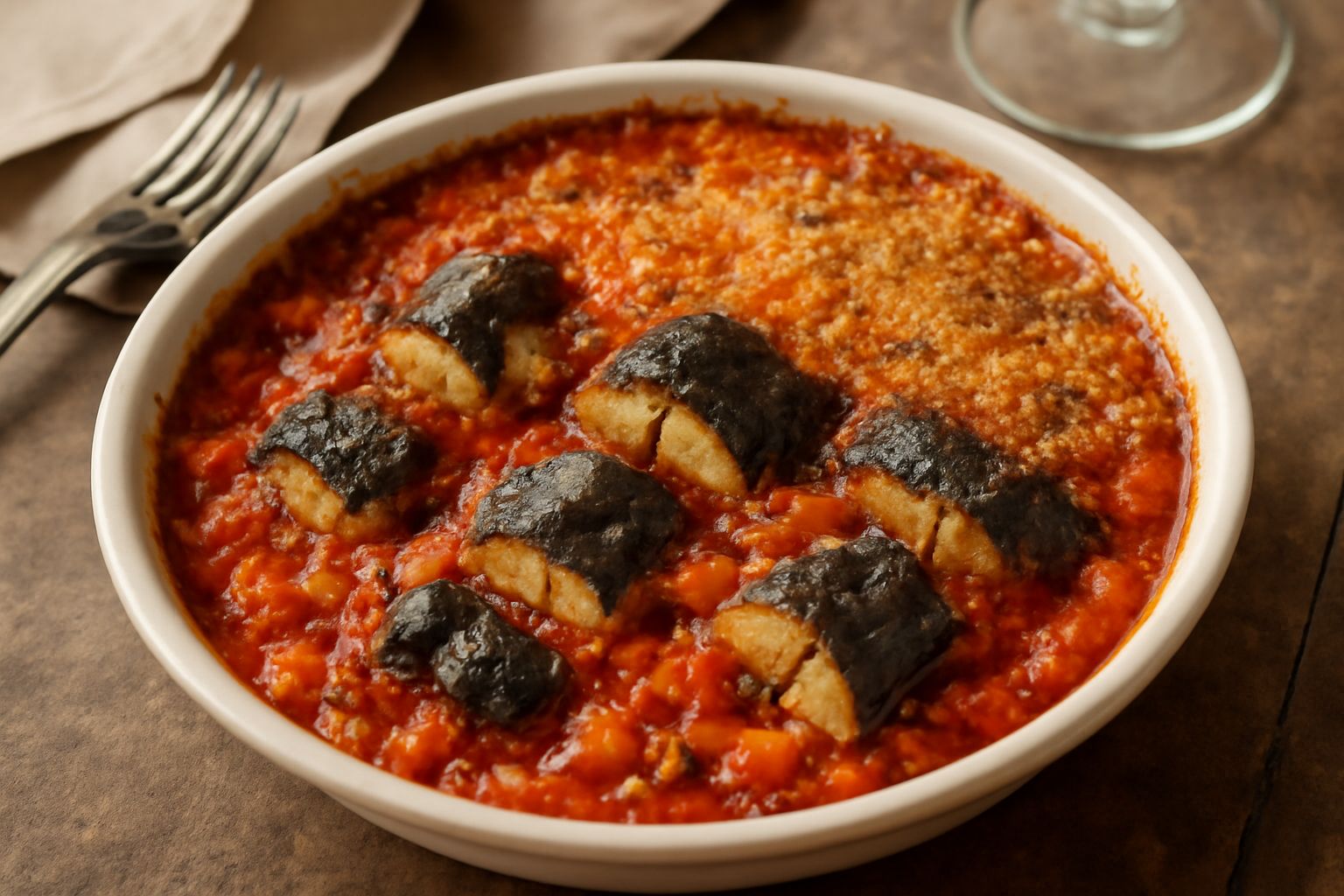 Pirofila di ceramica bianca con pasticcio di anguilla: anguilla grigia in pezzi, pomodoro rosso vivo, verdure soffritte dorate, gratinatura dorata in superficie, una cucchiaiata sollevata sopra il pia