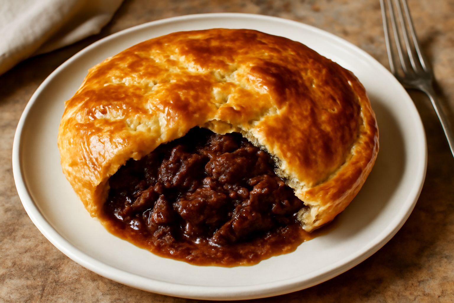 Pasticcio di cacciagione appena sfornato, con pasta sfoglia dorata e croccante che copre il ripieno, servito in piatto bianco con bordo scuro, accanto a fette di pane tostato e bicchiere di vino rosso
