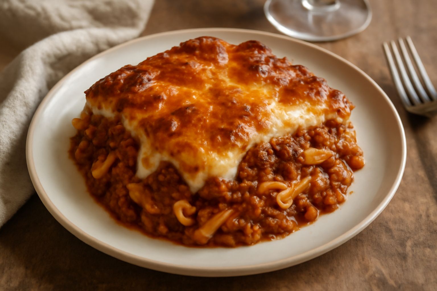 Pasticcio di carne dorato in pirofila, con crosta croccante in superficie, besciamella cremosa visibile dai bordi, pasta e ragù scuro all'interno, guarnito con prezzemolo fresco