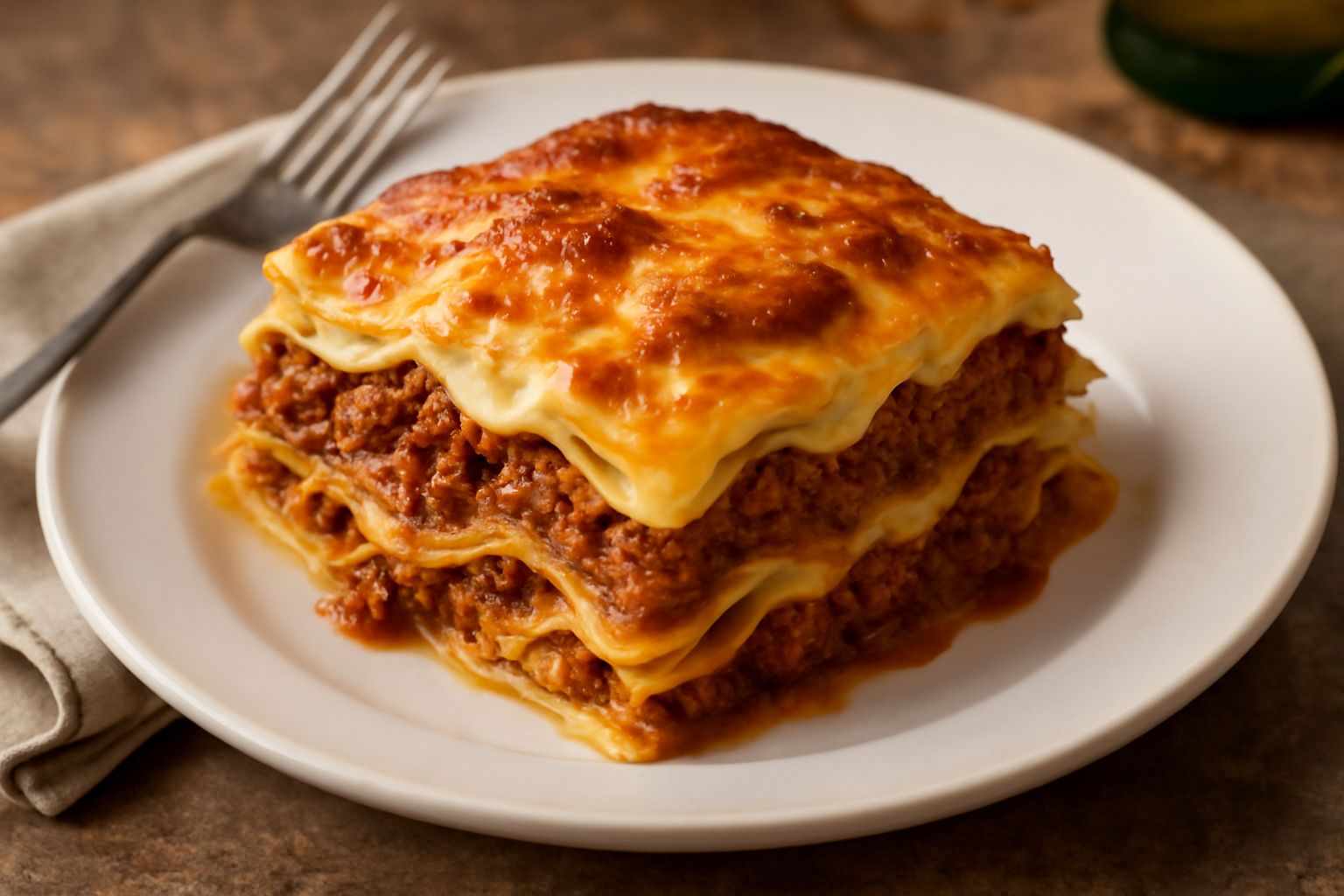Pasticcio di carni appena sfornato in pirofila, superficie dorata e gratinata, strati di pasta visibili dal taglio, ragù scuro e denso tra gli strati, con forchetta che solleva una porzione