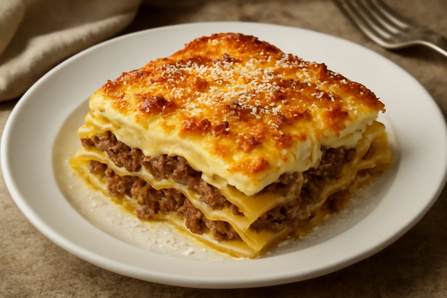 Pasticcio di fegato appena sfornato in una teglia da forno, con superficie dorata, strati visibili di pasta gialla, ragù marrone e béchamel cremosa, cosparso di parmigiano grattugiato