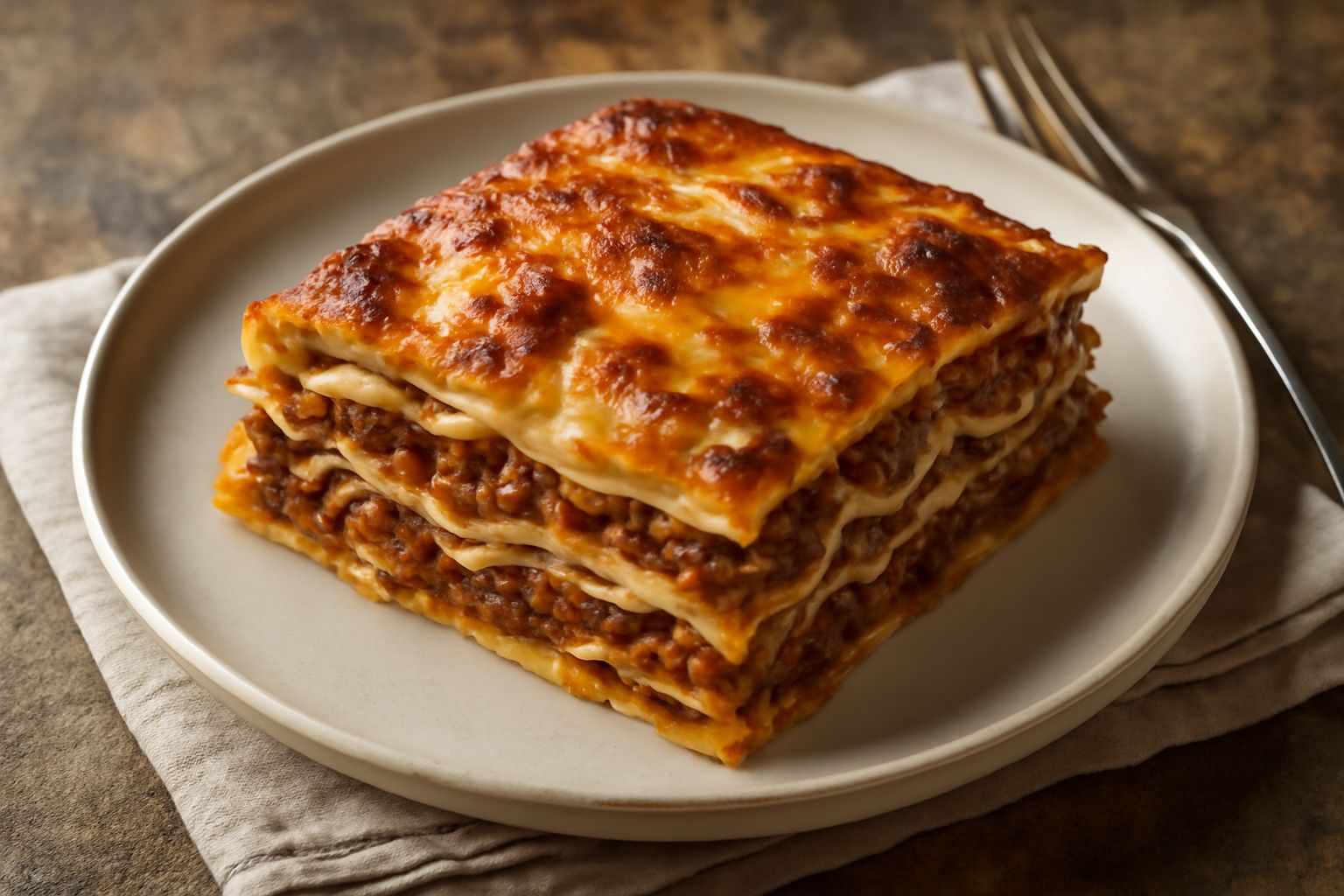 Pasticcio di lasagne tagliato in una porzione, con visibili i diversi strati gialli di sfoglia e ragù scuro, cima dorata e croccante, servito in piatto bianco