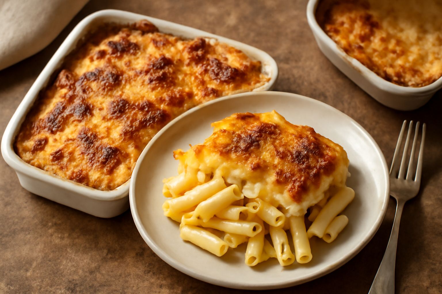 Pasticcio di maccheroni appena sfornato in pirofila, con superficie dorata e croccante, righe di formaggio gratinato visibile, vapore ancora caldo che sale dal piatto