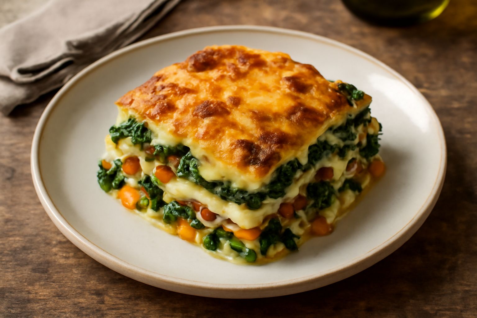 Pasticcio di magro appena sfornato in pirofila rettangolare di ceramica, superficie dorata e lievemente croccante, spigoli di pasta visibili fra gli strati, contorno di verdure miste colorate fra cui 