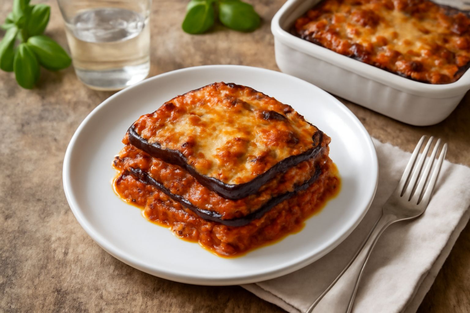 Pasticcio di melanzane dorato in teglia di ceramica bianca, fette visibili con strati di melanzane viola scuro, ragù rosso e besciamella cremosa, guarnito con prezzemolo verde