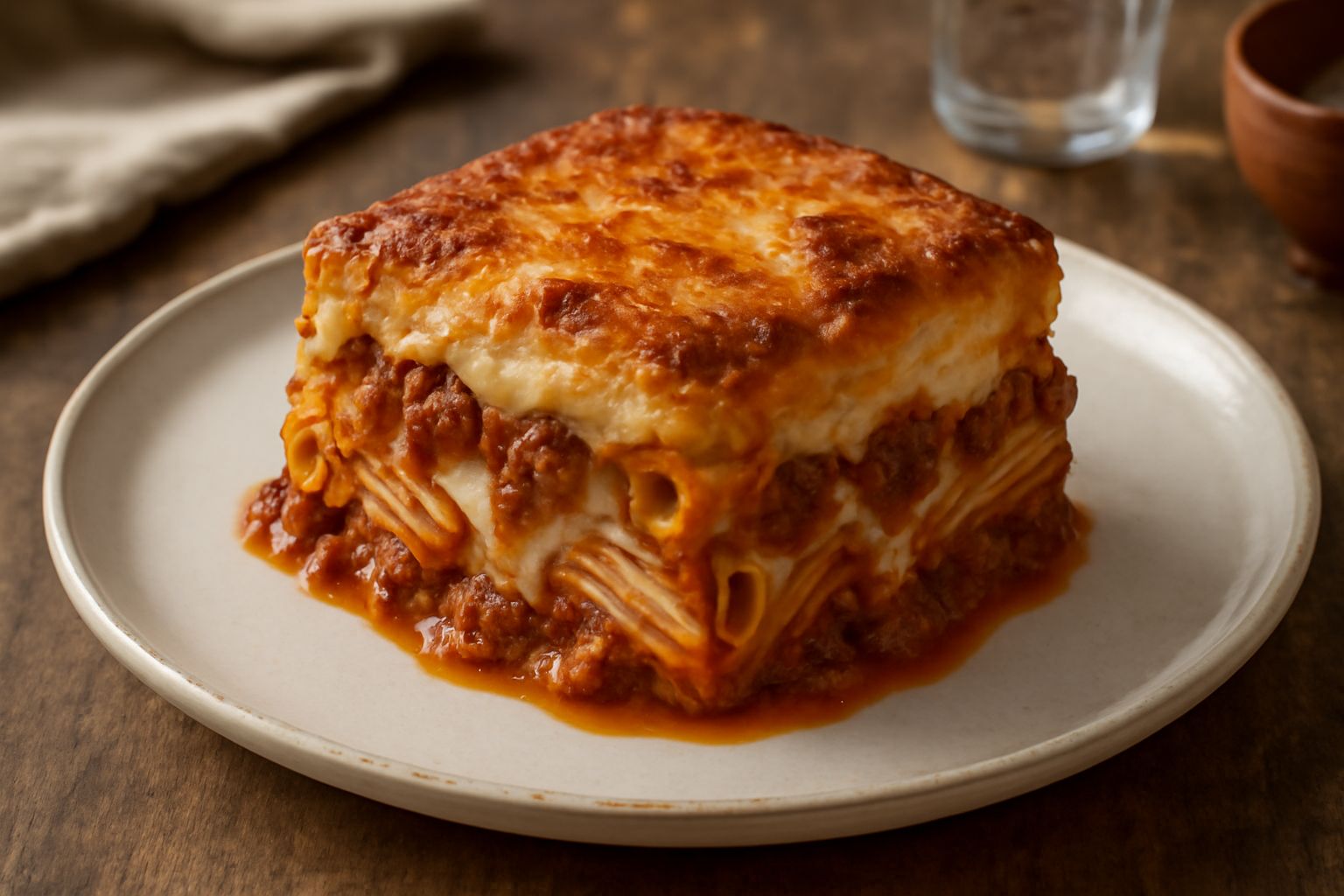Pasticcio di pasta in pirofila di vetro, superficie dorata e gratinata con formaggio fuso, visibili gli strati interni di pasta e ragù, vapore leggero che sale dal piatto caldo appena sfornato