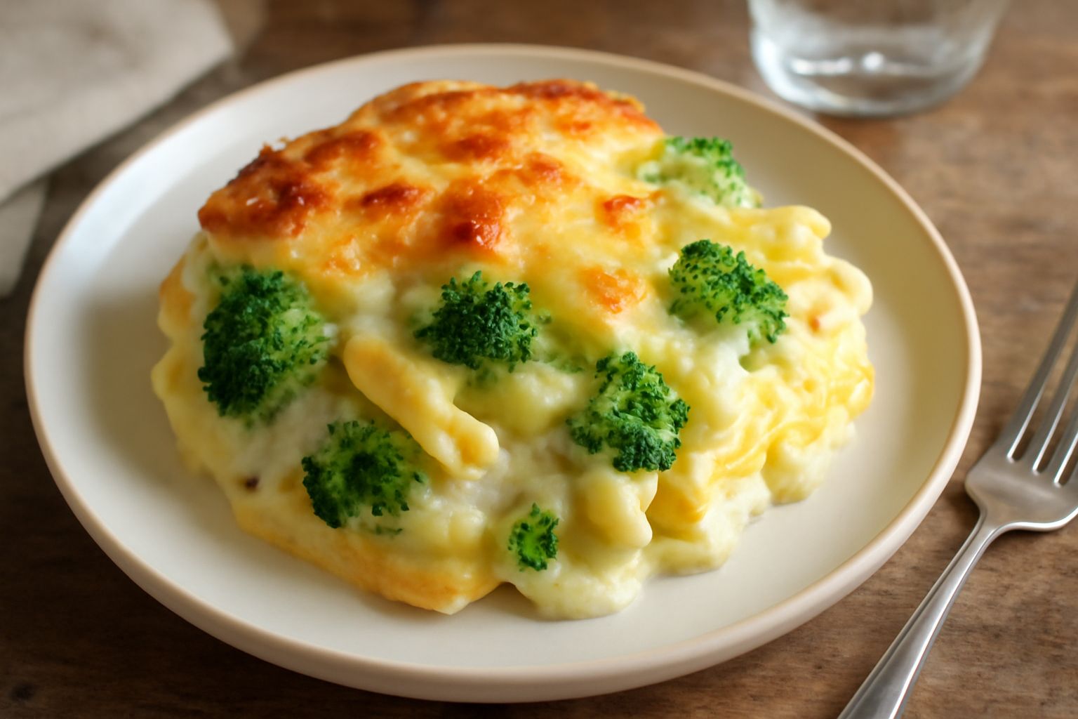 Pasticcio di pasta e broccoli in pirofila di ceramica bianca, con superficie dorata e croccante, broccoli verdi visibili tra la pasta cremosa, guarnito con noce moscata grattugiata, pronto al servizio