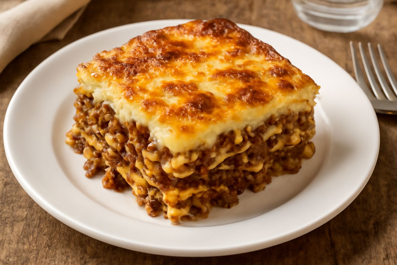 Pasticcio di pasta e carne in pirofila di terracotta, con superficie dorata e croccante, besciamella bianca che affiorava dai bordi, vapore caldo che sale dal piatto, pasta visibile nel taglio lateral