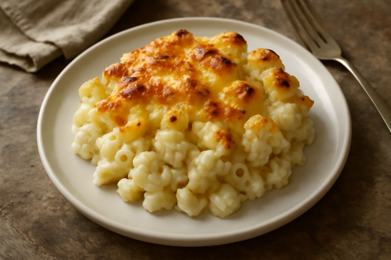 Pasticcio di pasta e cavolfiore appena sfornato in pirofila: superficie dorata e croccante, visibile la pasta e i pezzi di cavolfiore all'interno, formaggio gratinato sulla parte superiore, contorno d