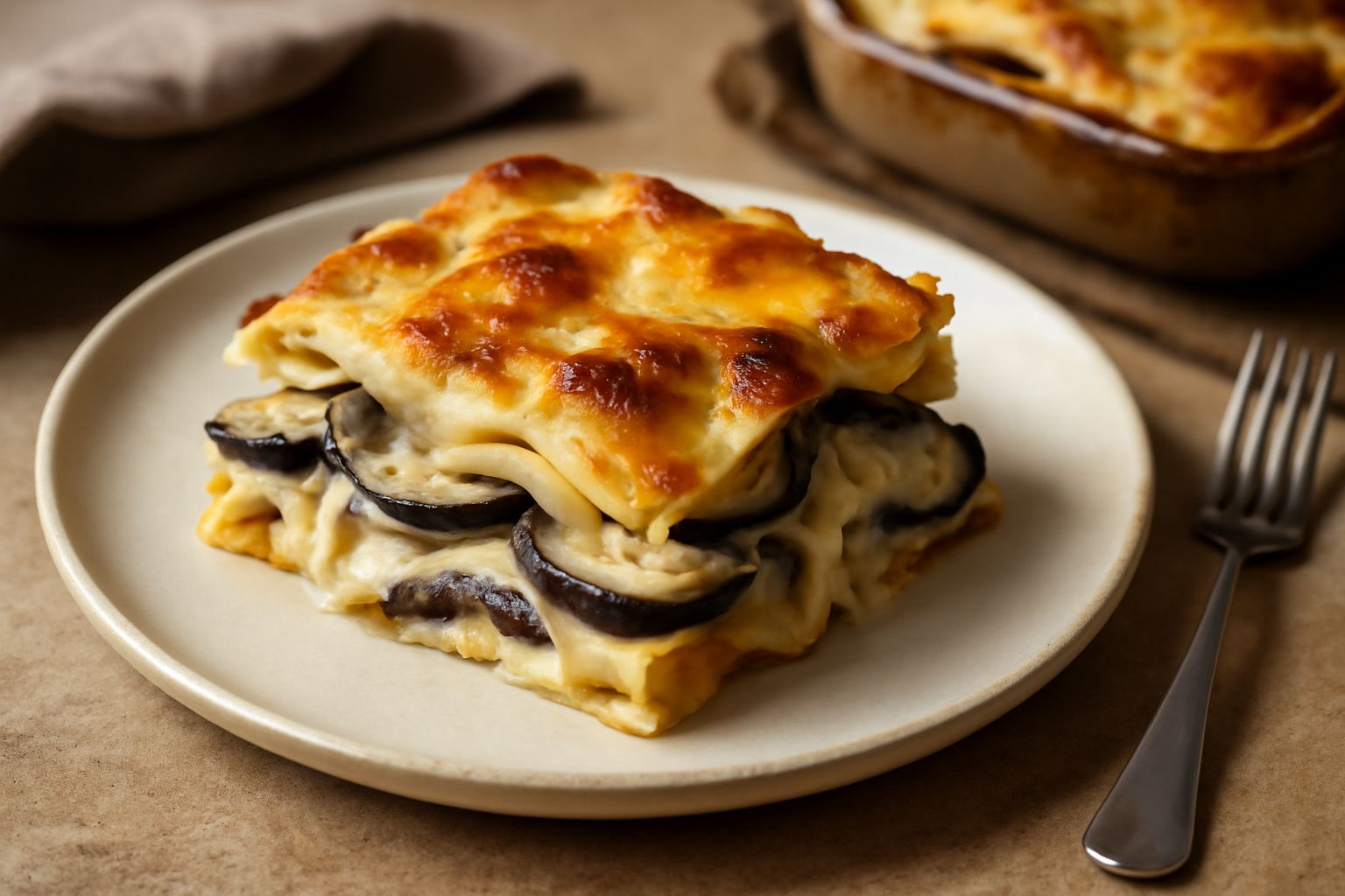 Pasticcio di pasta e melanzane appena sfornato in una pirofila rettangolare, con superficie dorata gratinata al forno, melanzane viola scure visibili tra gli strati di pasta bianca, emanazioni di vapo