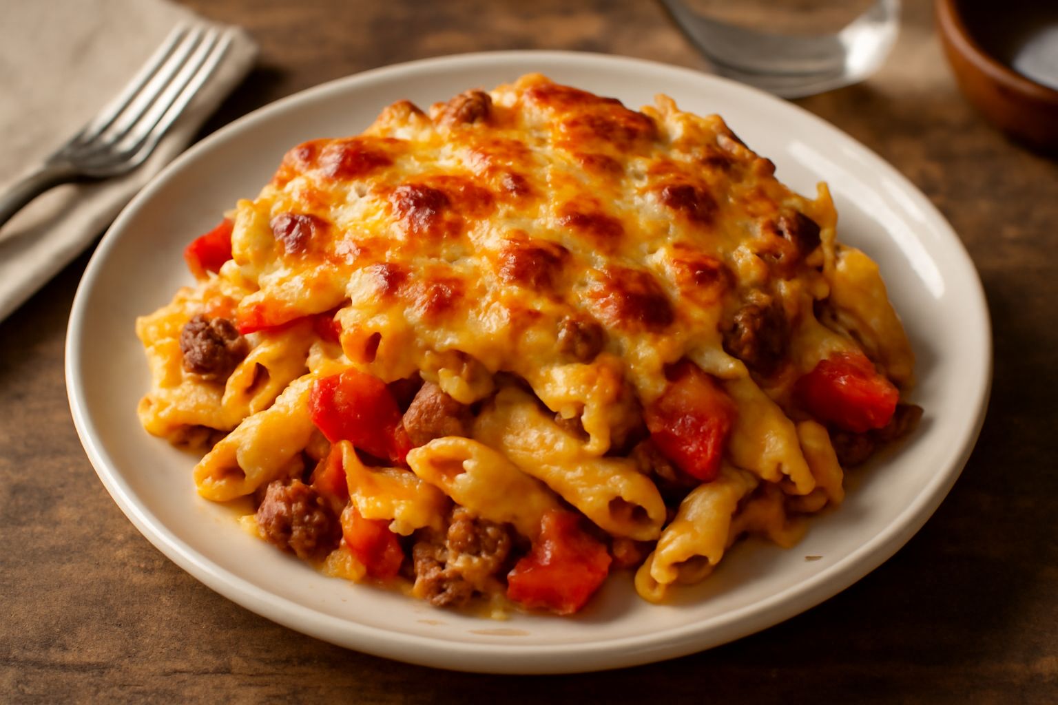 Pasticcio di pasta e peperoni appena sfornato, con superficie dorata e gratinata, peperoni rossi e gialli visibili tra la pasta, in pirofila bianca, pronto al taglio